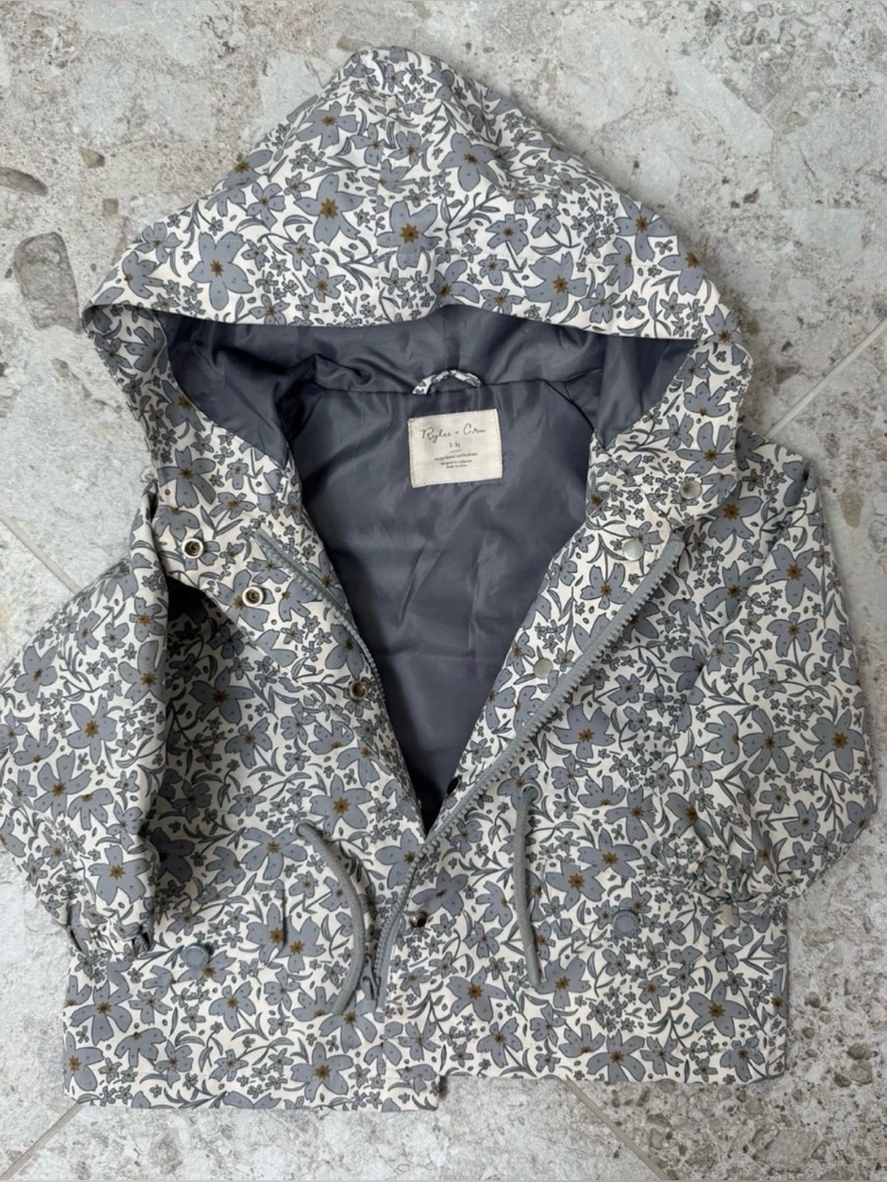 Floral Print Hooded Puffer Jacket - Grey/White